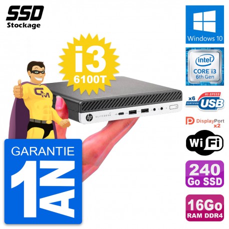Ultra Mini PC HP 800 G3 DM Intel i3-6100T RAM 16Go SSD 240Go Windows 10 Wifi