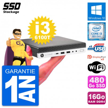Ultra Mini PC HP 800 G3 DM Intel i3-6100T RAM 16Go SSD 480Go Windows 10 Wifi