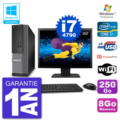 PC Dell 3020 SFF Ecran 22" Intel i7-4790 RAM 8Go Disque 250Go Graveur DVD Wifi W7
