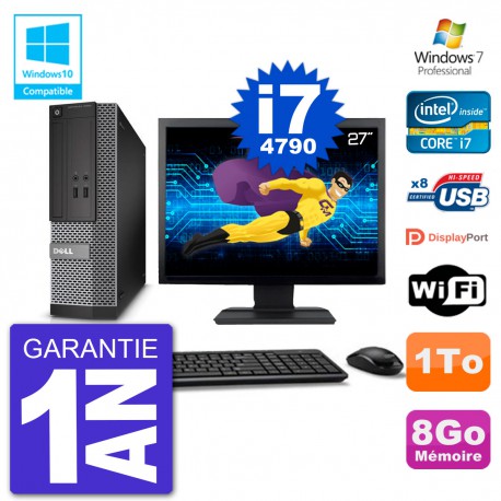 PC Dell 3020 SFF Ecran 27" Intel i7-4790 RAM 8Go Disque 1To Graveur DVD Wifi W7