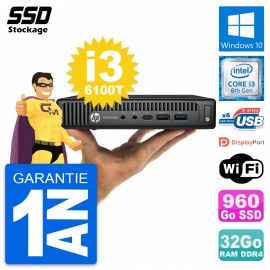 Ultra Mini PC HP 800 G2 DM Core i3-6100T RAM 32Go SSD 960Go Windows 10 Wifi