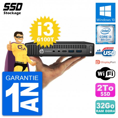 Ultra Mini PC HP 800 G2 DM Intel Core i3-6100T RAM 32Go SSD 2To Windows 10 Wifi