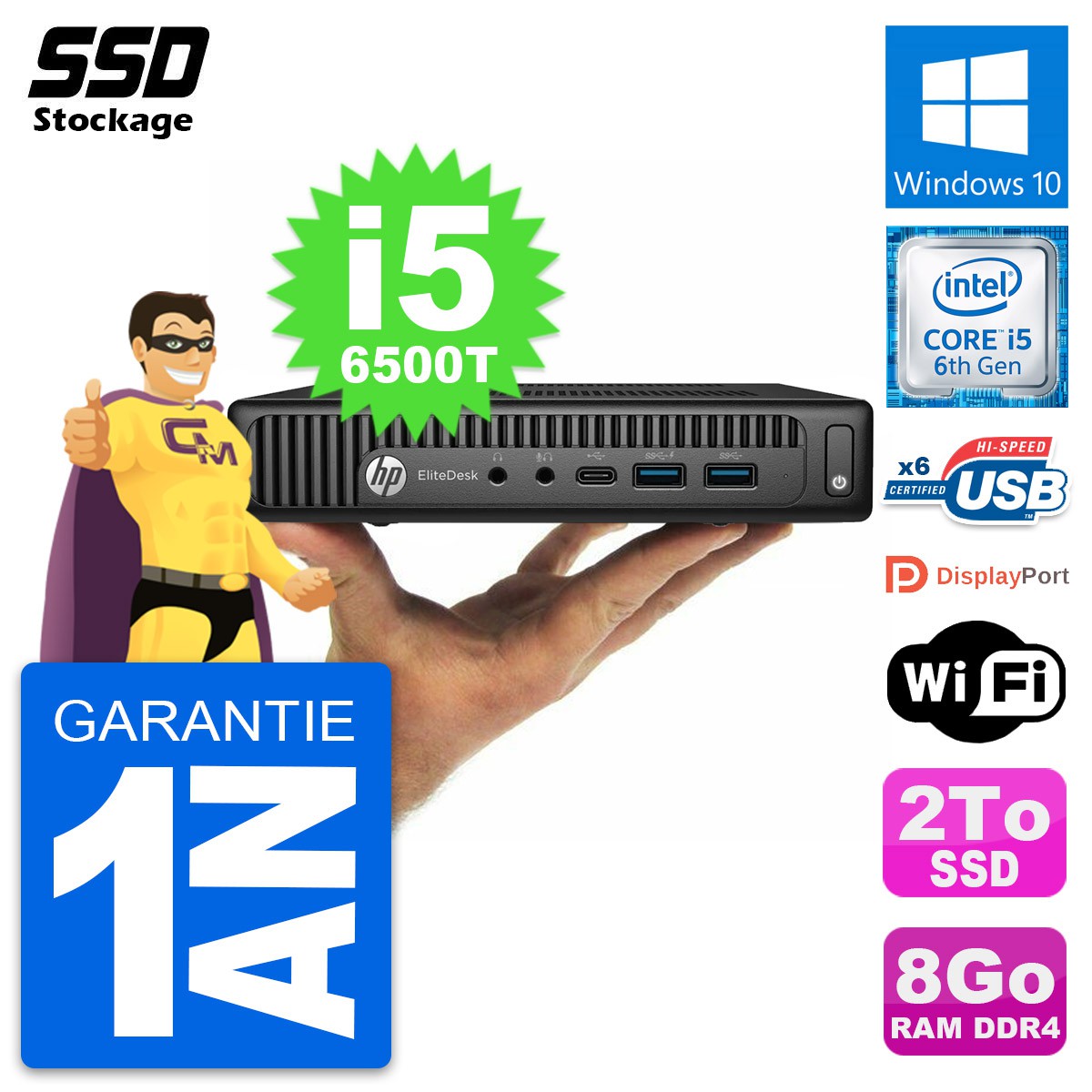 Ultra Mini PC HP 800 G2 DM Intel Core i5-6500T RAM 8Go SSD 2To