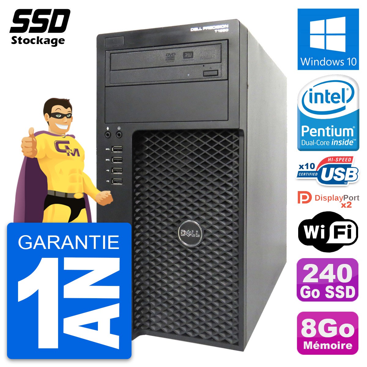 PC Tour Dell Precision T1650 MT Intel G2020 RAM 16Go Disque 2To Windows