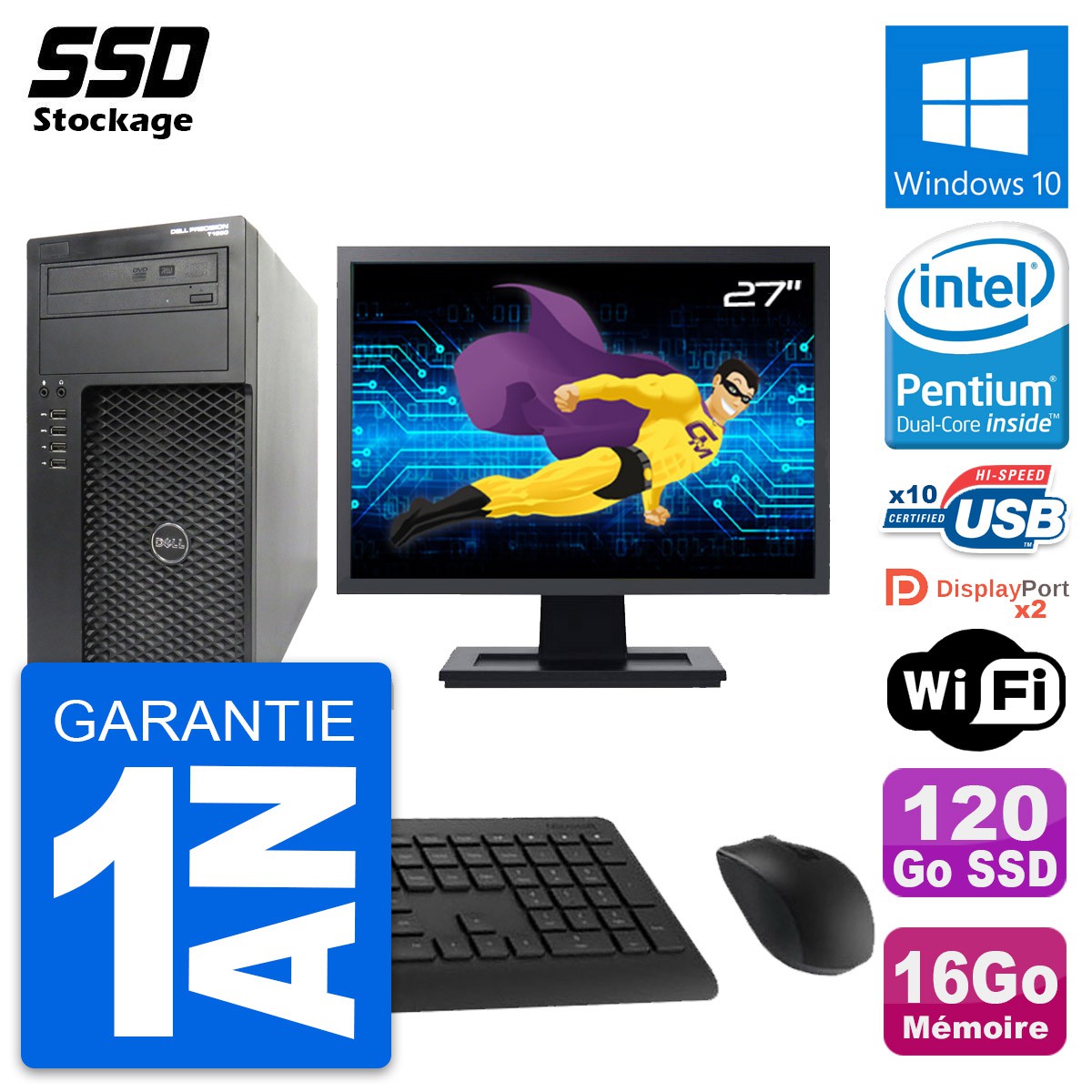 PC Tour Dell T1650 Ecran 27 Intel G2020 RAM 16Go Disque 500Go Windows 10 Wifi