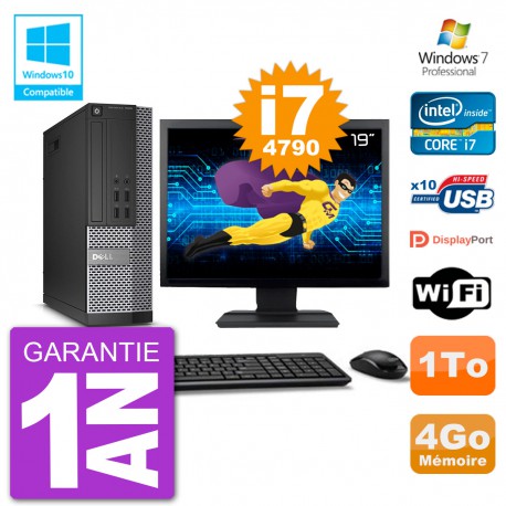 PC Dell 7020 SFF Ecran 19" Intel i7-4790 RAM 4Go Disque 1To Graveur DVD Wifi W7