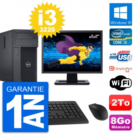 PC Tour Dell T1650 MT Ecran 22" Intel i3-3220 RAM 8Go Disque 2To Windows 10 Wifi