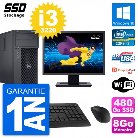 PC Tour Dell T1650 MT Ecran 22" Intel i3-3220 RAM 8Go SSD 480Go Windows 10 Wifi
