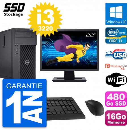 PC Tour Dell T1650 MT Ecran 22" Intel i3-3220 RAM 16Go SSD 480Go Windows 10 Wifi
