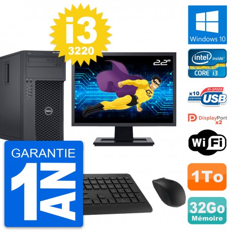 PC Tour Dell T1650 Ecran 22" Intel i3-3220 RAM 32Go Disque 1To Windows 10 Wifi