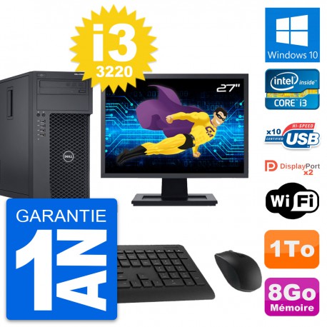 PC Tour Dell T1650 MT Ecran 27" Intel i3-3220 RAM 8Go Disque 1To Windows 10 Wifi