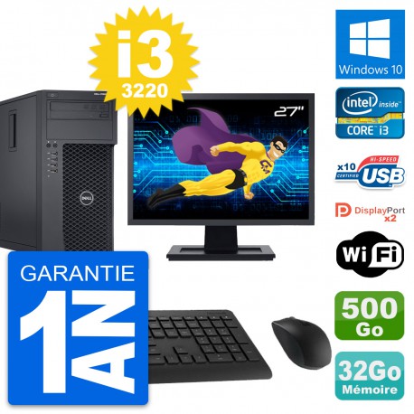 PC Tour Dell T1650 Ecran 27" Intel i3-3220 RAM 32Go Disque 500Go Windows 10 Wifi