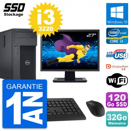 PC Tour Dell T1650 MT Ecran 27" Intel i3-3220 RAM 32Go SSD 120Go Windows 10 Wifi