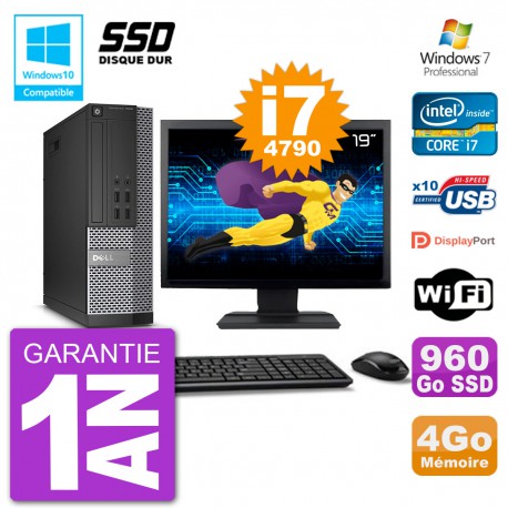 PC Dell 7020 SFF Ecran 19" Intel i7-4790 RAM 4Go SSD 960Go Graveur DVD Wifi W7
