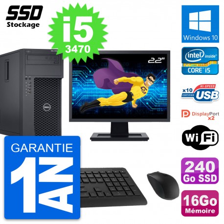 PC Tour Dell T1650 MT Ecran 22" Intel i5-3470 RAM 16Go SSD 240Go Windows 10 Wifi