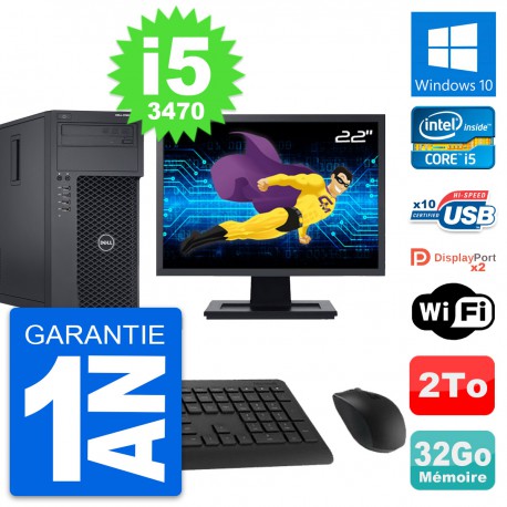 PC Tour Dell T1650 Ecran 22" Intel i5-3470 RAM 32Go Disque 2To Windows 10 Wifi