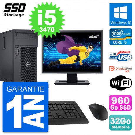 PC Tour Dell T1650 MT Ecran 22" Intel i5-3470 RAM 32Go SSD 960Go Windows 10 Wifi