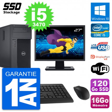 PC Tour Dell T1650 MT Ecran 27" Intel i5-3470 RAM 16Go SSD 120Go Windows 10 Wifi