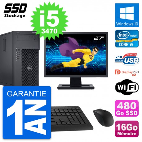 PC Tour Dell T1650 MT Ecran 27" Intel i5-3470 RAM 16Go SSD 480Go Windows 10 Wifi