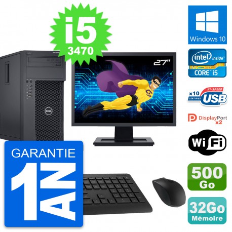 PC Tour Dell T1650 Ecran 27" Intel i5-3470 RAM 32Go Disque 500Go Windows 10 Wifi
