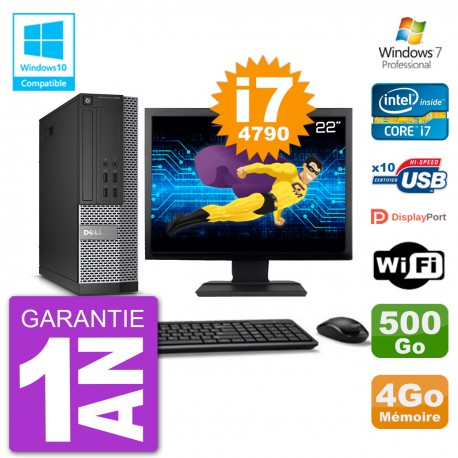 PC Dell 7020 SFF Ecran 22" Intel i7-4790 RAM 4Go Disque 500Go Graveur DVD Wifi W7