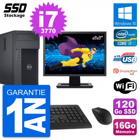 PC Tour Dell T1650 MT Ecran 22" Intel i7-3770 RAM 16Go SSD 120Go Windows 10 Wifi