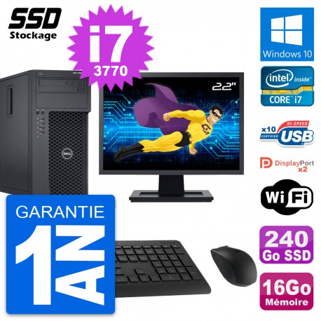 PC Tour Dell T1650 MT Ecran 22" Intel i7-3770 RAM 16Go SSD 240Go Windows 10 Wifi