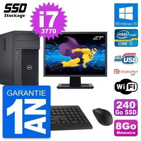 PC Tour Dell T1650 MT Ecran 27" Intel i7-3770 RAM 8Go SSD 240Go Windows 10 Wifi