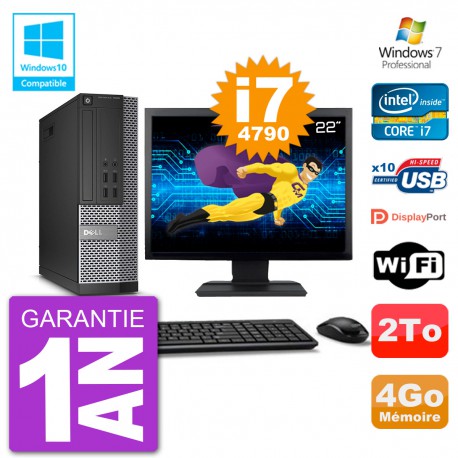 PC Dell 7020 SFF Ecran 22" Intel i7-4790 RAM 4Go Disque 2To Graveur DVD Wifi W7