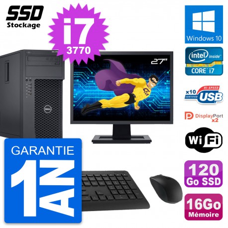 PC Tour Dell T1650 MT Ecran 27" Intel i7-3770 RAM 16Go SSD 120Go Windows 10 Wifi