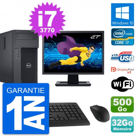 PC Tour Dell T1650 Ecran 27" Intel i7-3770 RAM 32Go Disque 500Go Windows 10 Wifi