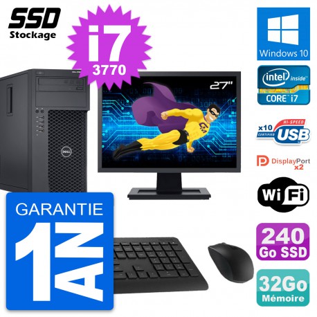PC Tour Dell T1650 MT Ecran 27" Intel i7-3770 RAM 32Go SSD 240Go Windows 10 Wifi