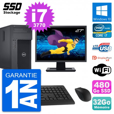 PC Tour Dell T1650 MT Ecran 27" Intel i7-3770 RAM 32Go SSD 480Go Windows 10 Wifi