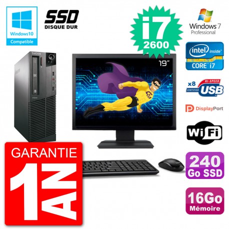 PC Lenovo M82 SFF Ecran 19" i7-2600 RAM 16Go SSD 240Go Graveur DVD Wifi W7
