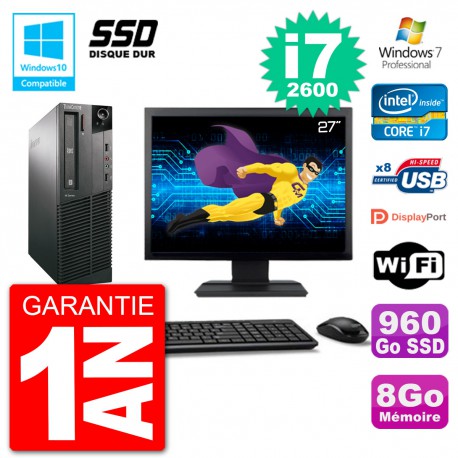 PC Lenovo M82 SFF Ecran 27" i7-2600 RAM 8Go SSD 960Go Graveur DVD Wifi W7