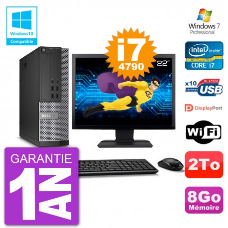 PC Dell 7020 SFF Ecran 22" Intel i7-4790 RAM 8Go Disque 2To Graveur DVD Wifi W7
