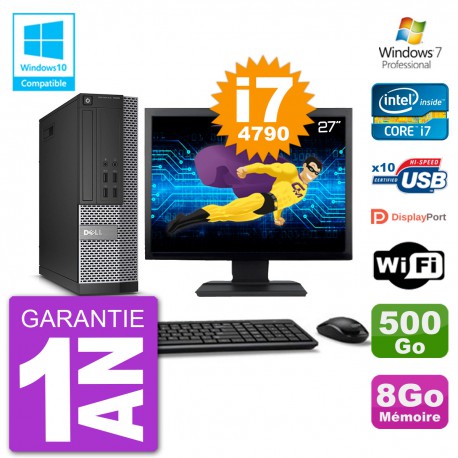 PC Dell 7020 SFF Ecran 27" Intel i7-4790 RAM 8Go Disque 500Go Graveur DVD Wifi W7