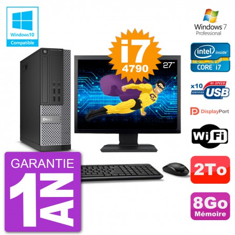 PC Dell 7020 SFF Ecran 27" Intel i7-4790 RAM 8Go Disque 2To Graveur DVD Wifi W7