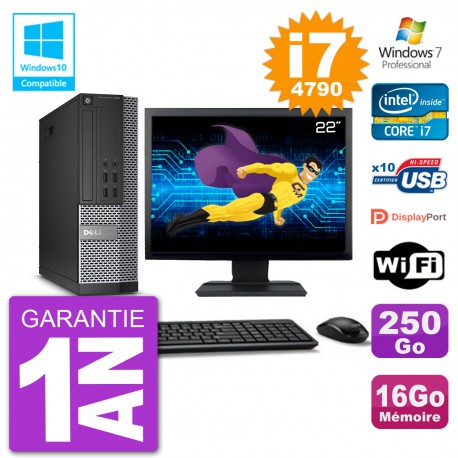 PC Dell 7020 SFF Ecran 22" Intel i7-4790 RAM 16Go Disque 250Go Graveur DVD Wifi W7