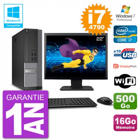 PC Dell 7020 SFF Ecran 22" Intel i7-4790 RAM 16Go Disque 500Go Graveur DVD Wifi W7