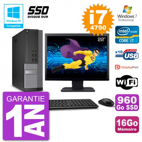 PC Dell 7020 SFF Ecran 22" Intel i7-4790 RAM 16Go SSD 960Go Graveur DVD Wifi W7