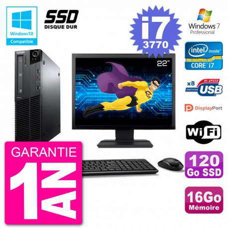 PC Lenovo M82 SFF Ecran 22" i7-3770 RAM 16Go SSD 120Go Graveur DVD Wifi W7
