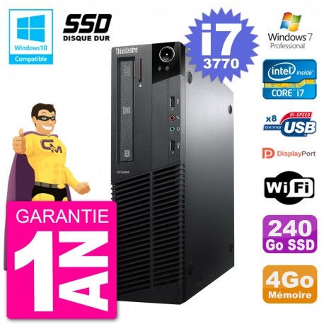 PC Lenovo ThinkCentre M82 SFF i7-3770 RAM 4Go SSD 240Go Graveur DVD Wifi W7