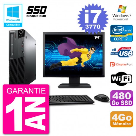 PC Lenovo M82 SFF Ecran 19" i7-3770 RAM 4Go SSD 480Go Graveur DVD Wifi W7