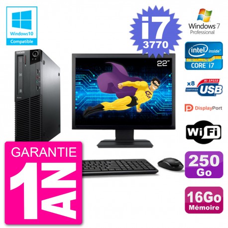 PC Lenovo M82 SFF Ecran 22" i7-3770 RAM 16Go Disque 250Go Graveur DVD Wifi W7