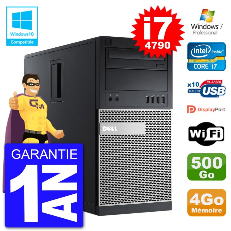 PC Bureau DELL Optiplex 7010 Tour - Ecran 22" - Core I3-2120, 4Go RAM, SSD 960Go, WiFi, Windows 7 - Reconditionné