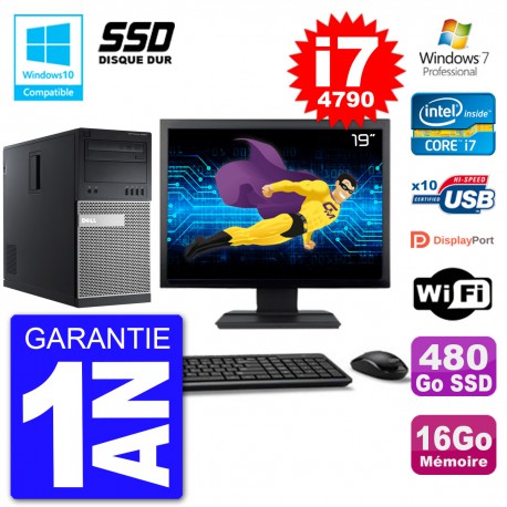 PC Tour DELL 9020 Ecran 19" Core i7-4790 RAM 16Go SSD 480Go Graveur DVD Wifi W7