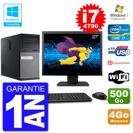 PC Tour DELL 9020 Ecran 27" i7-4790 RAM 4Go Disque 500Go Graveur DVD Wifi W7