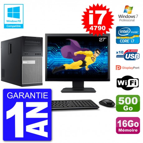 PC Tour DELL 9020 Ecran 27" i7-4790 RAM 16Go Disque 500Go Graveur DVD Wifi W7