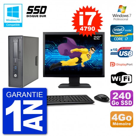 PC HP EliteDesk 800 G1 SFF Ecran 22" i7-4790 4Go SSD 240Go Graveur DVD Wifi W7